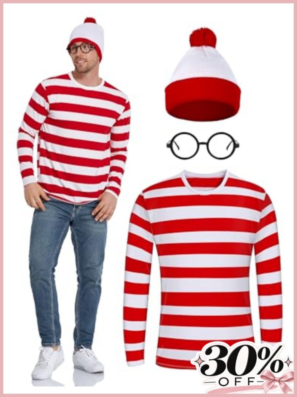 Men's Halloween Nerd Costume Set Long Sleeve Striped Tee Beanie Glasses